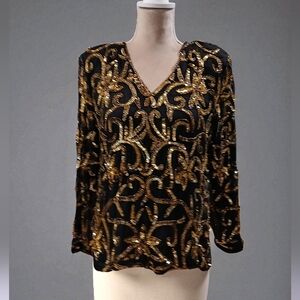 Jean Jo Joseph Le Bon Silk Black Gold Sequin Formal Blouse Woman Medium Mature